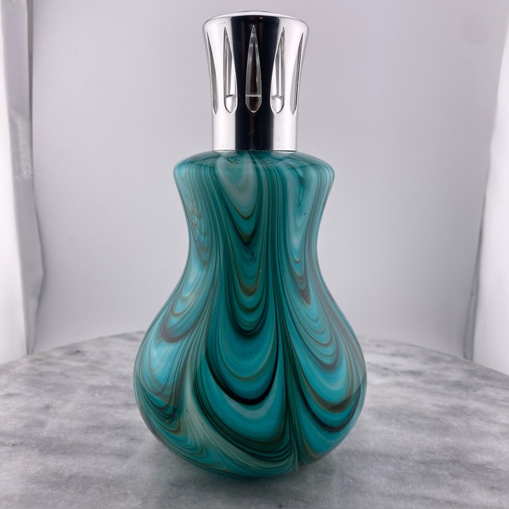 Teal Swirl Glass Accent Lamp with Silver Tone Top